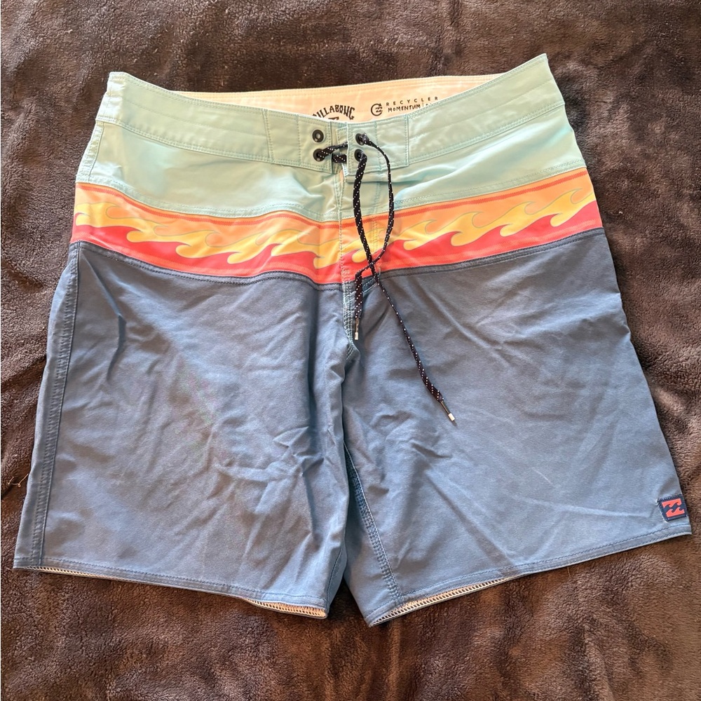 Billabong Men's Gray and Green Swim Shorts with Orange Flame